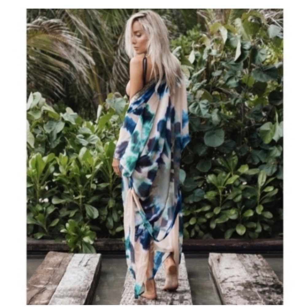 Suki So Tie Dye Kimono Robe‎ Gold Greek Key Trim Belted Maxi Duster Peach Teal